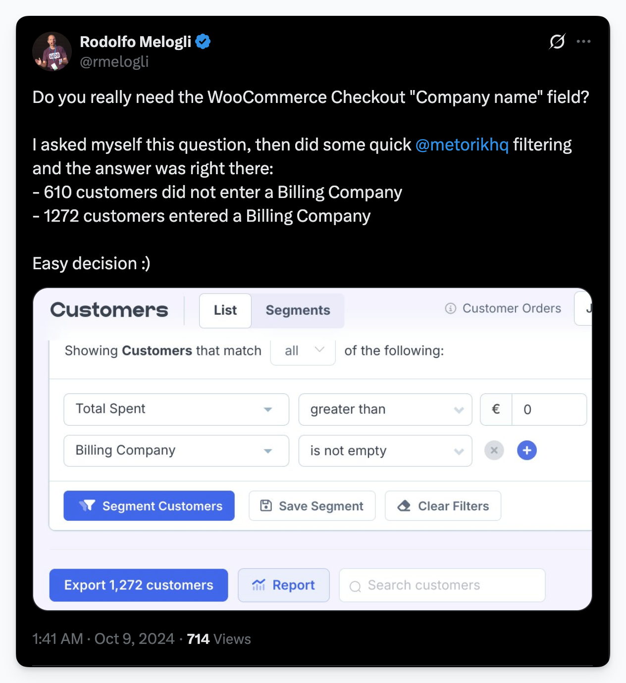 A tweet from Rodolfo Melogli where he talks about how valuable it is to use FoodBevBiz to decide if he needs a company name on his checkout process.